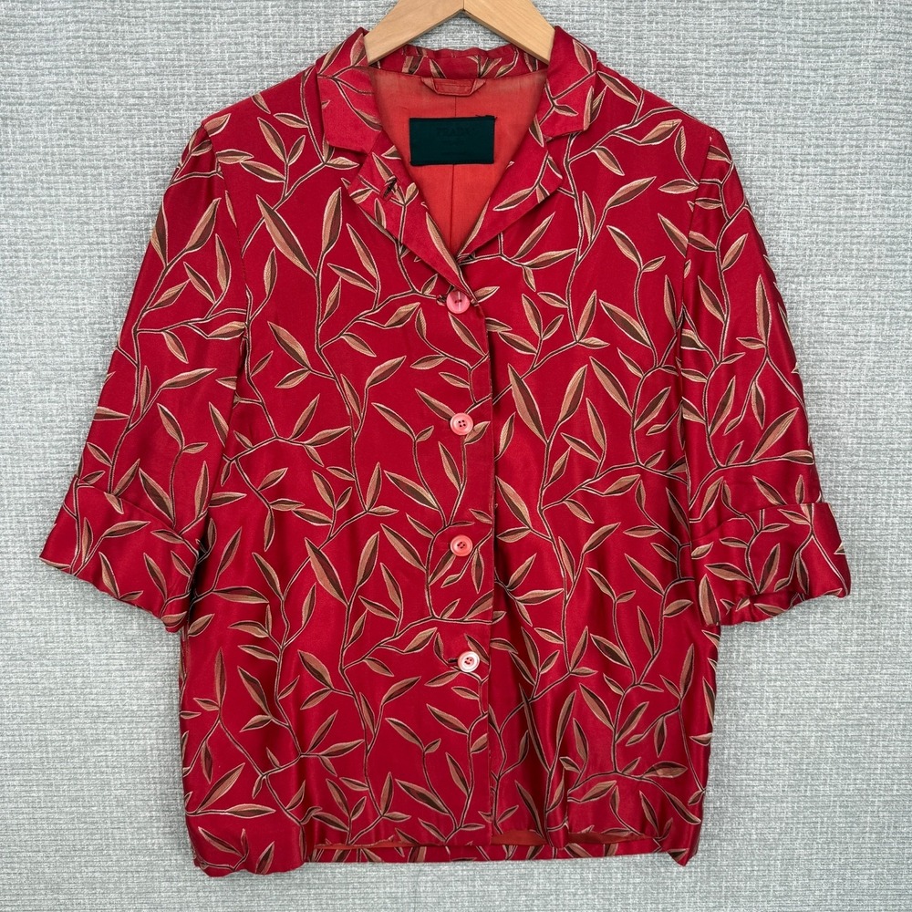 Prada Vintage Spring 1997 Red Silk Bamboo Leaf Print Jacket 46 XL Runway Archive
